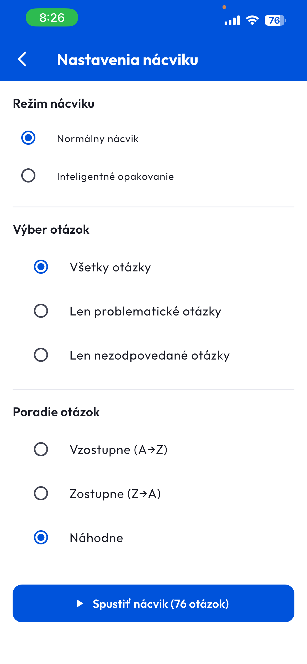 Nastavenia nácviku