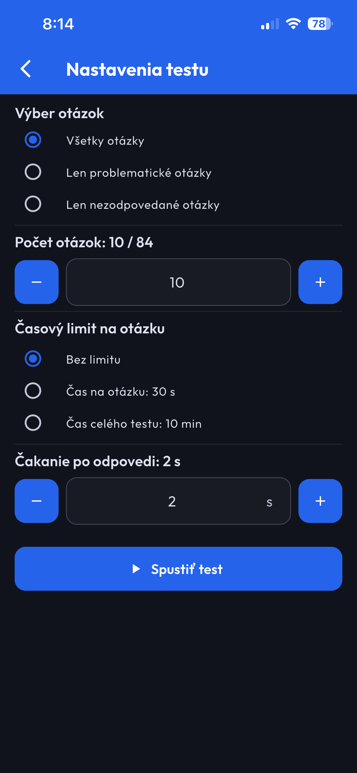 Nastavenia testu
